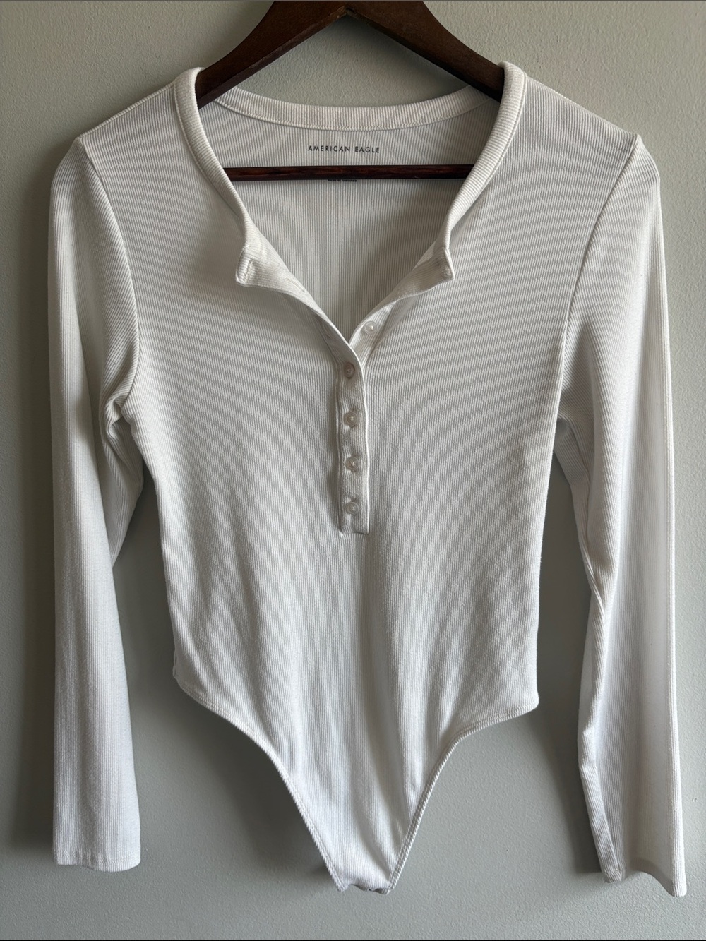 American Eagle Ribbed Long Sleeve Henley Bodysuit White Size Large